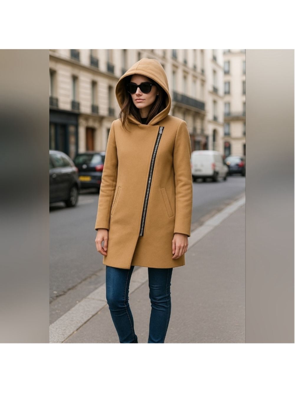 Sandro Paris Camel Wool Coat with Asymmetric Zip & Hood – Size 36